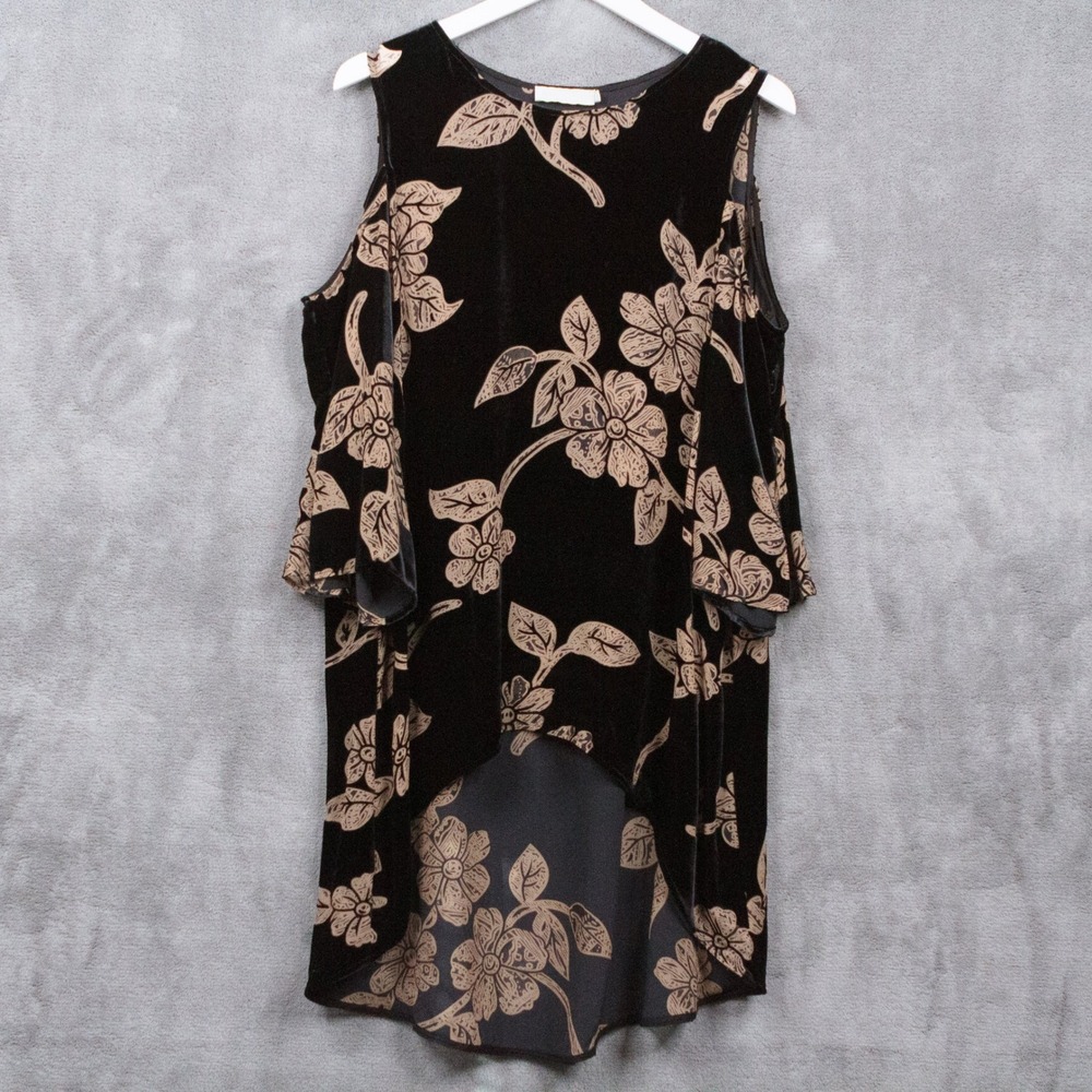 ANNE FONTAINE Agostine Tunic Top Black Velvet Cold Shoulder Burnout Floral 42/10